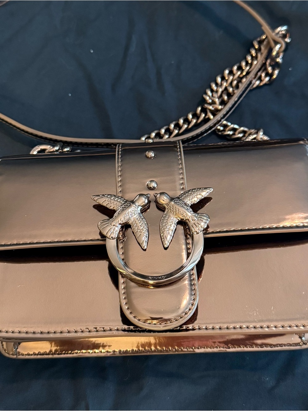 Pinko Metallic Rose Crossbody Bag with Silver Love Birds